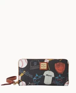 MLB Marlins Large Zip Around Wristlet MARLINS -Online Sale Dooney & Bourke W0126G QUBLPATNMRLN
