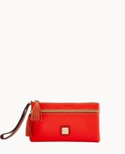 Pebble Grain Double Zip Wristlet Wine -Online Sale Dooney & Bourke W0174G AWSIPATN