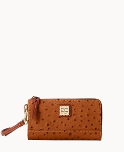 Ostrich Folded Zip Wristlet Cognac -Online Sale Dooney & Bourke W0177G OTCAPATN