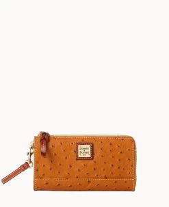 Ostrich Folded Zip Wristlet Cognac -Online Sale Dooney & Bourke W0177G OTTNPATN