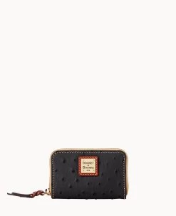 Ostrich Large Zip Around Credit Card Case Black
